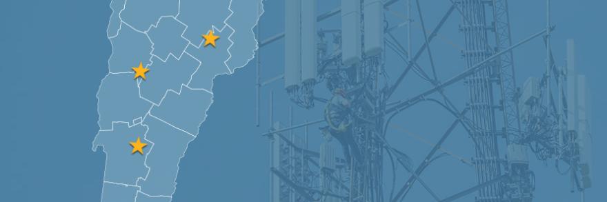 State of Vermont with counties outlined; stars locating Sheffield, Huntington and Mendon, a cell tower
