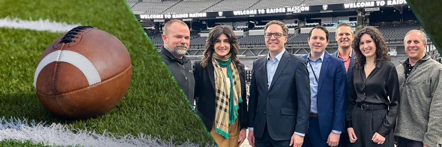 A football sits on a football field’s green turf; Assistant Secretary Alan Davidson, NTIA, and FirstNet Authority staff pose in Raiders’ Allegiant Stadium in Las Vegas