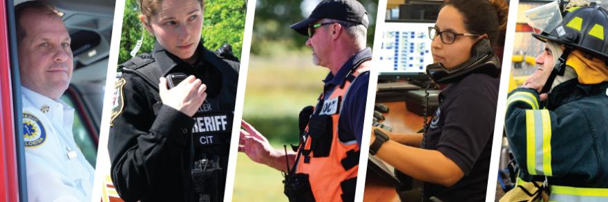 A paramedic sitting in the front of an ambulance, a sheriff talking into her radio, an emergency manager giving instructions, a 9-1-1 operator taking an emergency call, a fireman securing his helmet