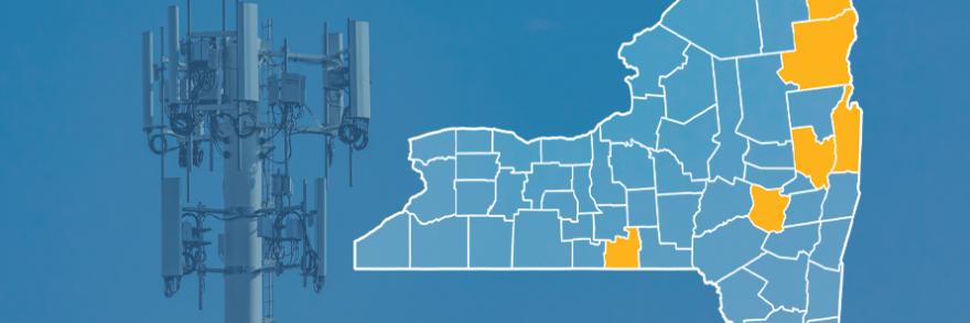 State of New York with counties outlined; Saratoga, Tioga, Clinton, Essex, Schoharie and Washington Counties highlighted, a cell tower