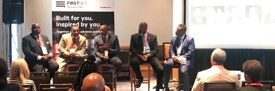 Harry Markley sits with a panel of speakers at the 2018 National Organization of Black Law Enforcement Executives (NOBLE) Annual Conference in Hollywood, Florida