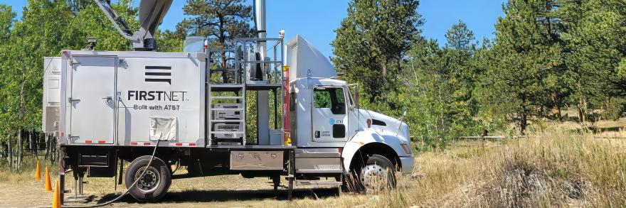 Deployed AT&T FirstNet SatCOLTin the wilderness. SatCOLTs, or satellite cell on light trucks, are mobile cell sites designed to establish a steady and consistent broadband connection.