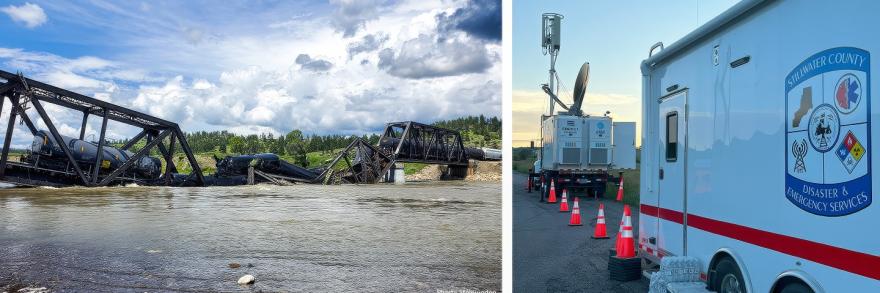 Collapsed bridge and train derailment in the Yellowstone river, “Shasta Steinweden”; FirstNet SatCOLT sits in front of a Stillwater County Disaster and Emergency Services command vehicle at the site of the train derailment. 