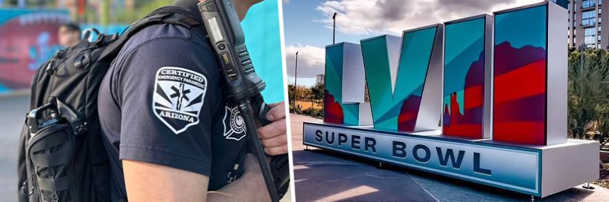 Left shows first responder with gear backpack and radio at the ready. Right shows the Super Bowl logo in front of blue skies
