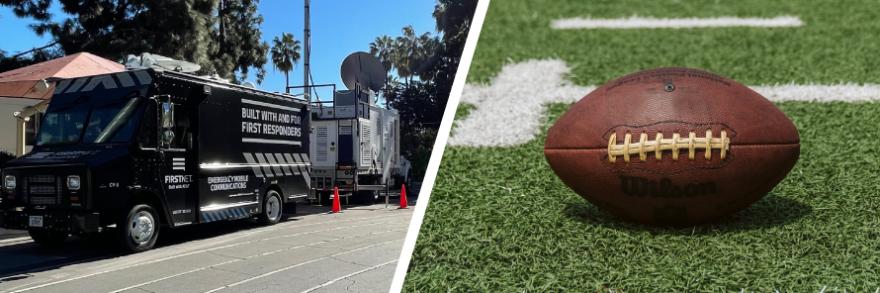 A FirstNet SatCOLT parked in Inglewood, California; a football in the middle of a stadium field