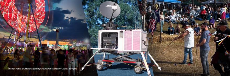 A FirstNet compact rapid deployable, people in front of a lit Ferris wheel at the Choctaw Nation's Labor Day festival, three men performing a traditional ceremony inside a ring of haybales while a crowd watches during Catawba Nation's Yap Ye Iswa festival.