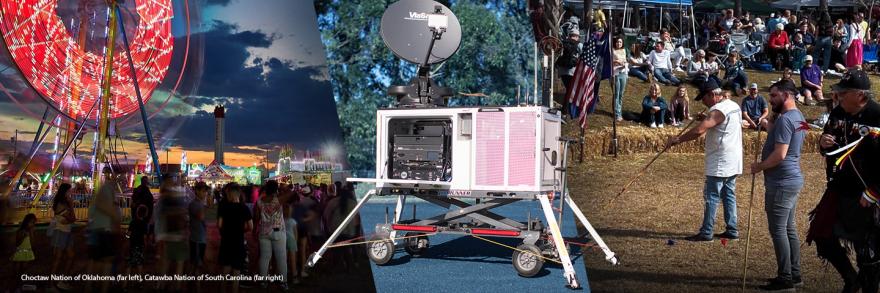 A FirstNet compact rapid deployable in the middle. A line of people standing in front of a lit Ferris wheel at the Choctaw Nation's Labor Day festival on the left, and on the left three men performing a traditional ceremony inside a ring of haybales while a crowd watches during Catawba Nation's Yap Ye Iswa festival.