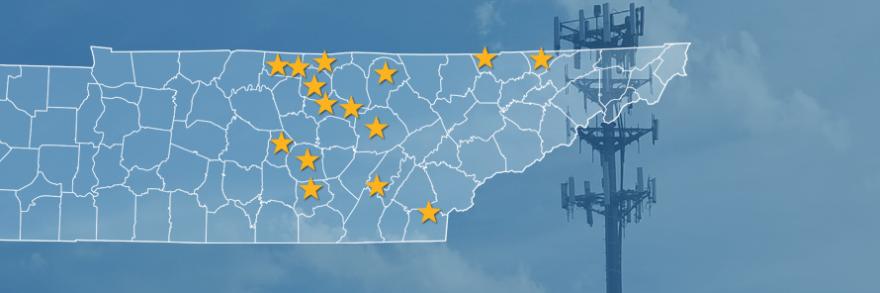 The state of Tennessee, with outlined county borders and 15 stars locating towns; a cell tower.