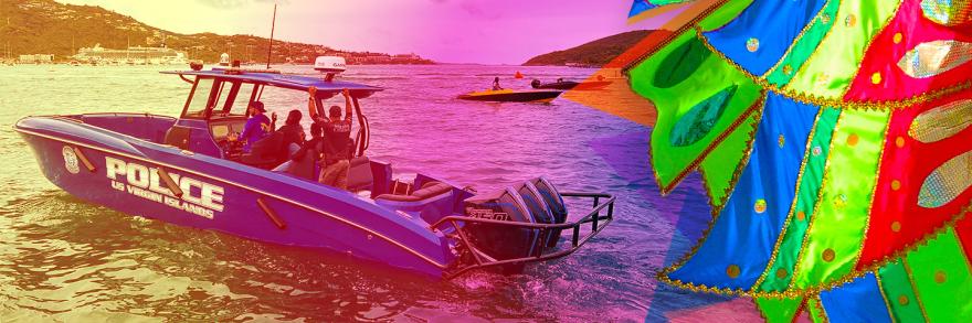 US Virgin Island Police speedboat on water in marina; yellow and pink transparent overlay merging into colorful carnival costume fabric