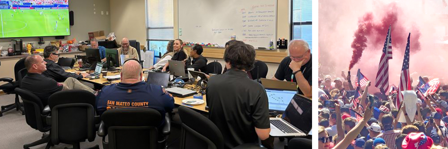 Staff, including representatives from the FirstNet Authority, support a San Francisco Bay area World Cup match at the Interoperable Communications Help Desk, U.S. fans celebrate with flags and smoke cannons during the World Cup.