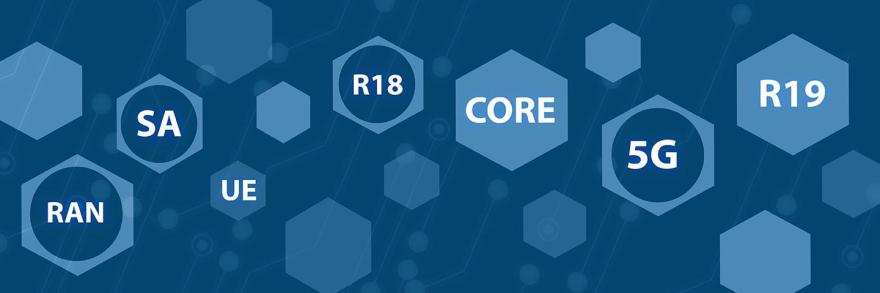 Alt-text: An illustration depicting technology and connections with acronyms including: “RAN, SA, UE, R18, CORE, R19, and 5G”; “June 2023 3GPP Quarterly Meeting”