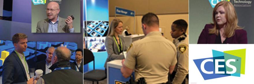 Edward Parkinson speaks to CES attendees; Bill Schrier gives a presentation; Chrissie Coon gives a presentation; two police offers visit the FirstNet exhibit booth; CES logo