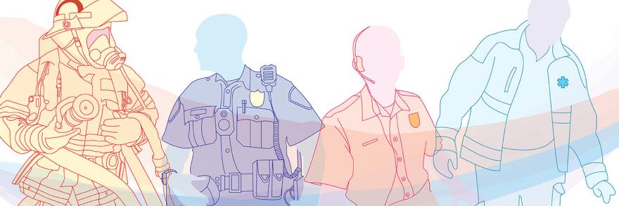 A silhouette of four first responders standing together: a firefighter holding a firehose, a law enforcement officer, a 9-1-1 telecommunicator, and an emergency medical professional. 