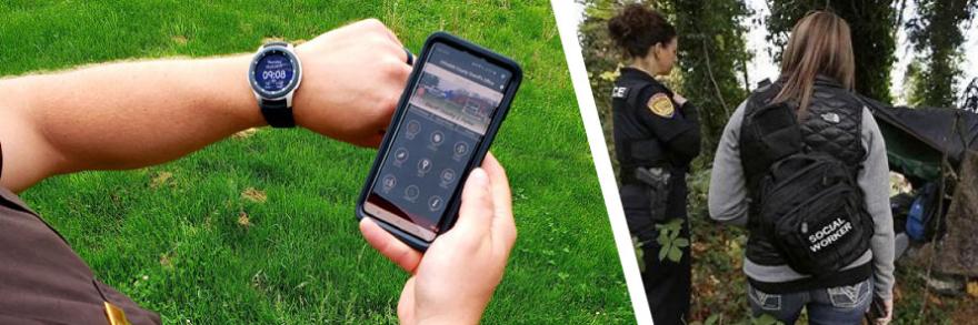 An officer shows a smartwatch and an app on his cell phone; a police officer and social work speak with an individual