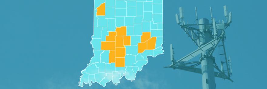 The state of Indiana, with outlined county borders; a cell tower.