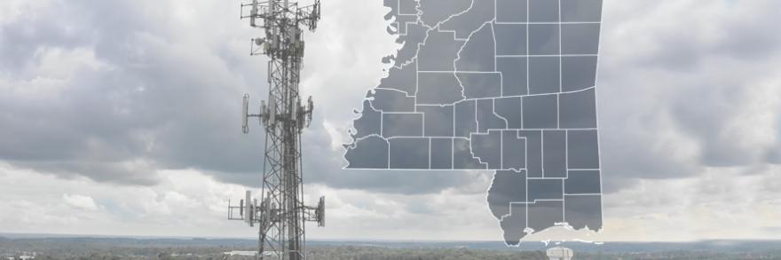 The State of Mississippi, with outlined county borders; a cell tower.