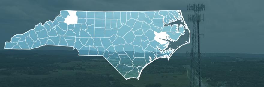 County map of North Carolina, cell tower