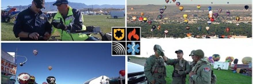 Four images from the International Balloon Fiesta in Albuquerque, NM: Two officers consult each other looking at their devices, hot air balloons rise over the city, a large crowd moves through the balloon fiesta fields, four police officers talk as one points with hot air balloons filling with air on the ground behind them  