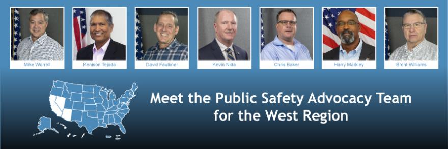 A map of the U.S. in blue with the seven states and territories of the West region in white and headshots of the seven public safety advisors who represent those states. 