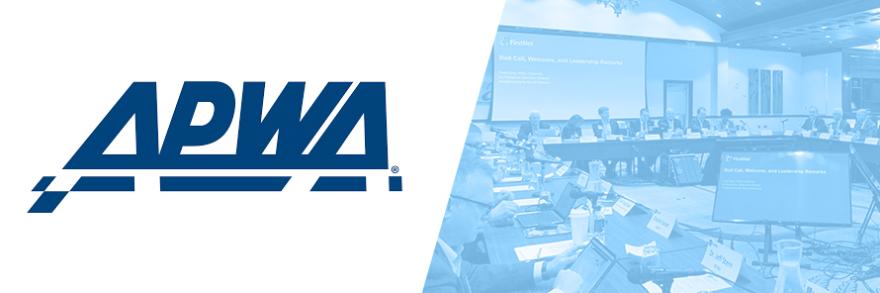 The American Public Works Association (APWA), logo and image of Public Safety Advisory Committee representatives making a presentation at a FirstNet Authority Board Meeting.