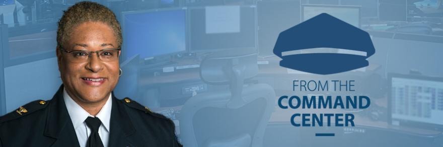 Headshot of Renee Gordon; background of 9-1-1 workstations; icon with chief’s hat and “From the Command Center”