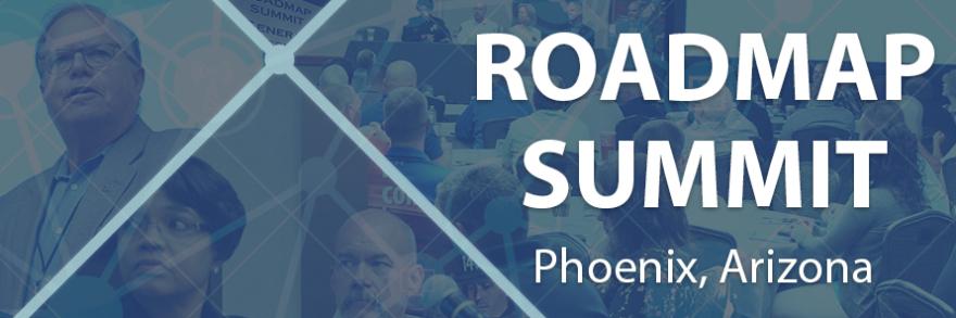 Three images: In the first, FirstNet Authority Board Chair Edward Horowitz delivers a speech. In the second, Phoenix Police Chief Jeri Williams and Phoenix Fire Department Assistant Chief Scott Walker are seated at a table. The third shows a large crowd of public safety officials with a table of Phoenix public safety leaders seated at the front of the room. Overlaid is a graphic representation of a network. 