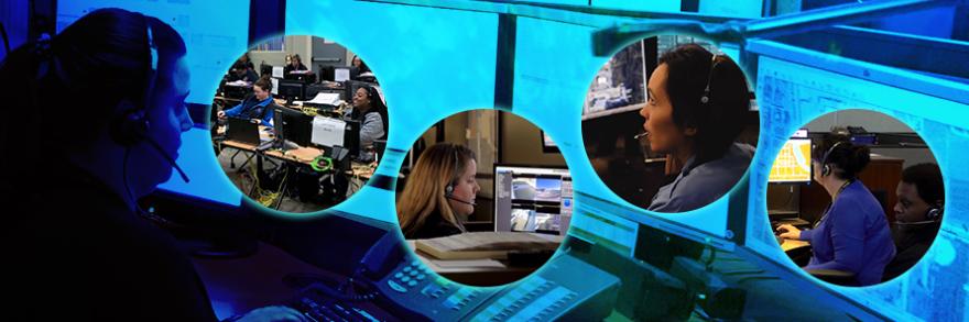 Dispatcher wearing a headset monitors a series of screens while typing, group of dispatchers prepares to receive calls at a mobile command center using FirstNet device backups, dispatcher takes calls, dispatcher speaks over headset while looking at a map, two dispatchers consult each other while reviewing screens showing maps and other data 