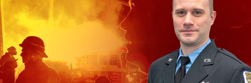 Firefighters and fire truck respond to an emergency; FirstNet Authority employee and volunteer firefighter/emergency medical technician Zach Smith in uniform