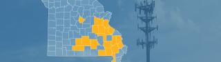 County map of Missouri with counties with new FirstNet site builds highlighted, a cell tower