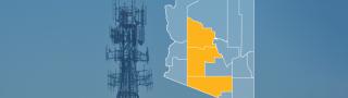The state of Arizona, with outlined county borders; a cell tower.
