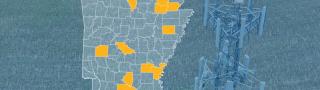 The state of Arkansas, with outlined county borders; a cell tower.