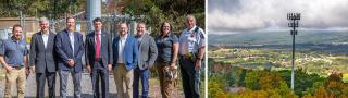 U.S. Congressman Rob Bresnahan with FirstNet Authority personnel, local first responders, public safety officials, and community leaders standing in front of new FirstNet cell tower site; aerial view of the new, rural tower in Luzerne County, Pennsylvania