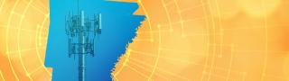 The silhouette of the State of Arkansas revealing a cell tower inside; radiating connectivity illustration