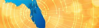 The silhouette of the State of Florida revealing a cell tower inside; radiating connectivity illustration