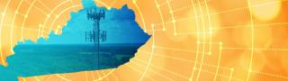 The silhouette of the State of Kentucky revealing a cell tower inside; radiating connectivity illustration