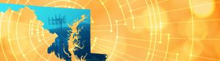 The silhouette of the State of Maryland revealing a cell tower inside; radiating connectivity illustration