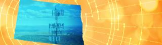 The silhouette of the State of North Dakota revealing a cell tower inside; radiating connectivity illustration