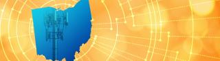 The silhouette of the State of Ohio revealing a cell tower inside; radiating connectivity illustration