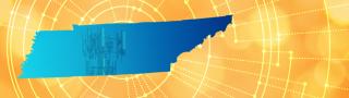 The silhouette of the State of Tennessee revealing a cell tower inside; radiating connectivity illustration