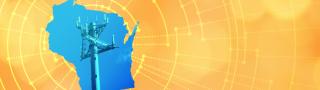 The silhouette of the State of Wisconsin revealing a cell tower inside; radiating connectivity illustration