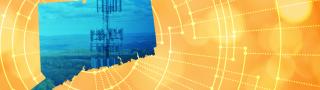 The silhouette of the State of Connecticut revealing a cell tower inside; radiating connectivity illustration