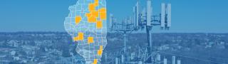 The state of Illinois, with outlined county borders; a cell tower.