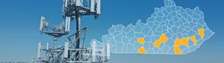 The State of Kentucky, with outlined county borders; a cell tower