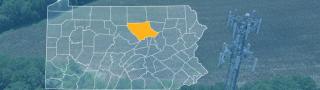 The state of Pennsylvania, with outlined county borders; a cell tower