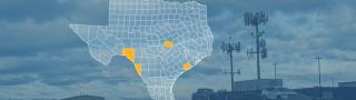 The state of Texas, with outlined county borders; a cell tower.
