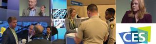 Edward Parkinson speaks to CES attendees; Bill Schrier gives a presentation; Chrissie Coon gives a presentation; two police offers visit the FirstNet exhibit booth; CES logo