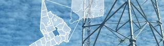 County map of Connecticut, city outlines of Fairfield County, cell tower against clouds