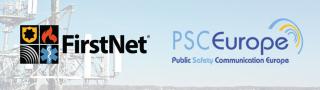 FirstNet Authority and Public Safety Communications Europe logos over a broadband tower with a city in the background 