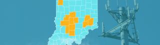 The state of Indiana, with outlined county borders; a cell tower.