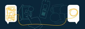 Speech bubbles expressing a complicated topic being made clear, drawings of smartphones and LMR radios showing push-to-talk capabilities
